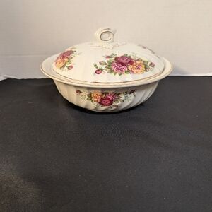 Rare Myott Rose Garden Ironstone Covered Vegetable Bowl England Floral Gold Trim